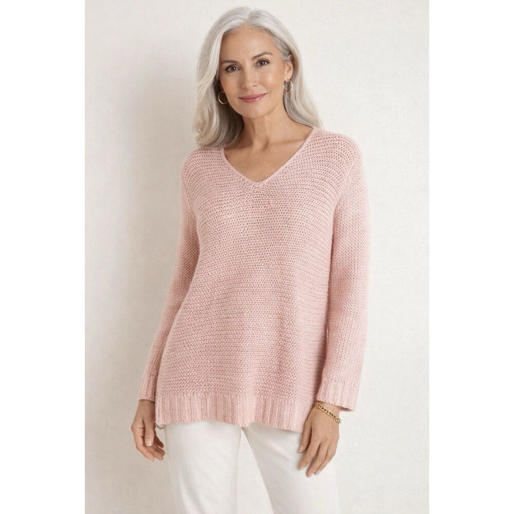 Chicos 2 Wool Mohair Fuzzy Sweater‎ Chunky Open Knit V Neck Blush Pink Large 12